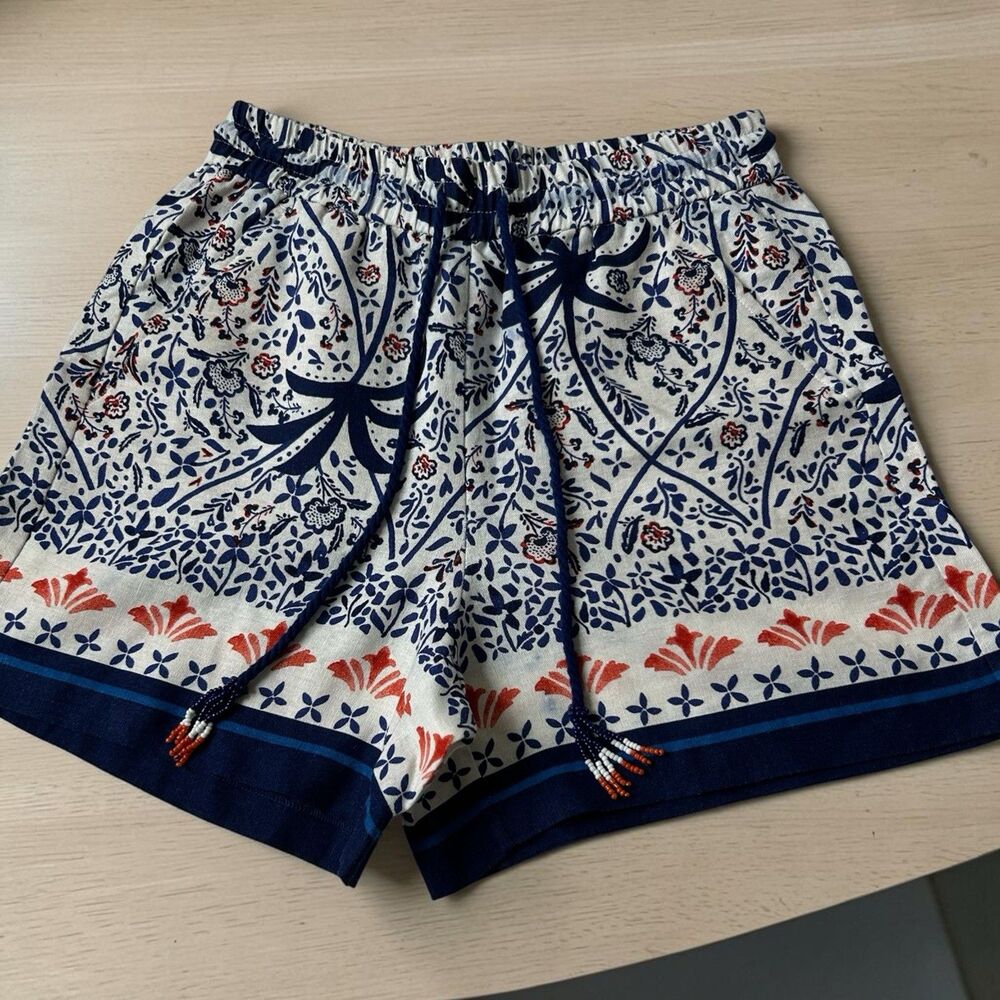 Joie Womens Shorts Linen Blend Boho Blue White Floral Print Beaded Small Beach